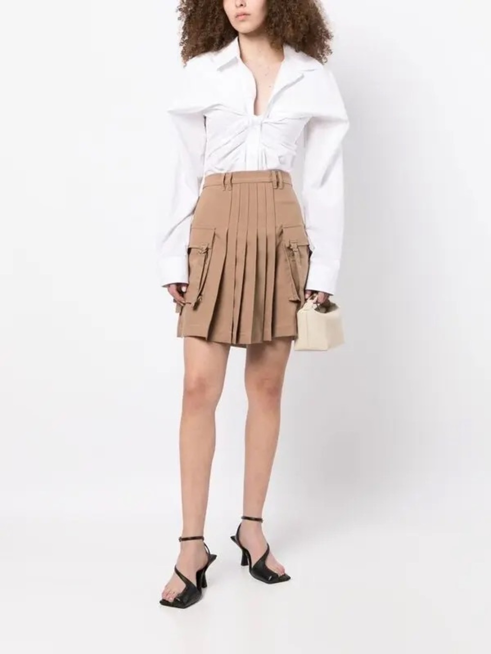 Rokh Pleated Cargo Mini Skirt in Camel